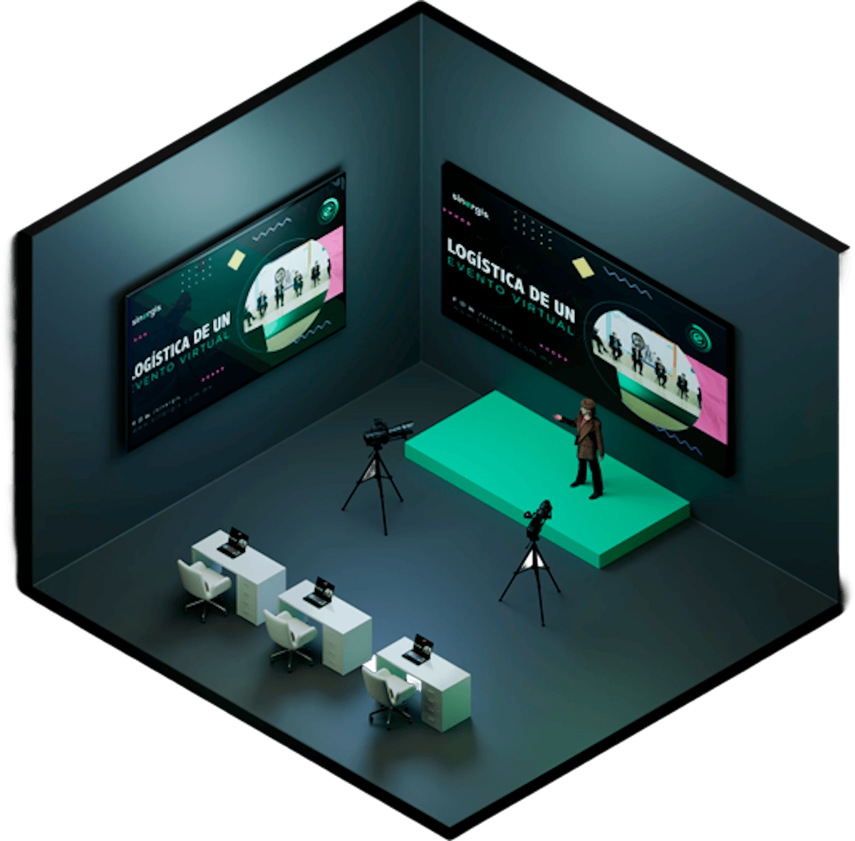 Transmisión de webinar corporativo profesional con gráficos en tiempo real y moderación