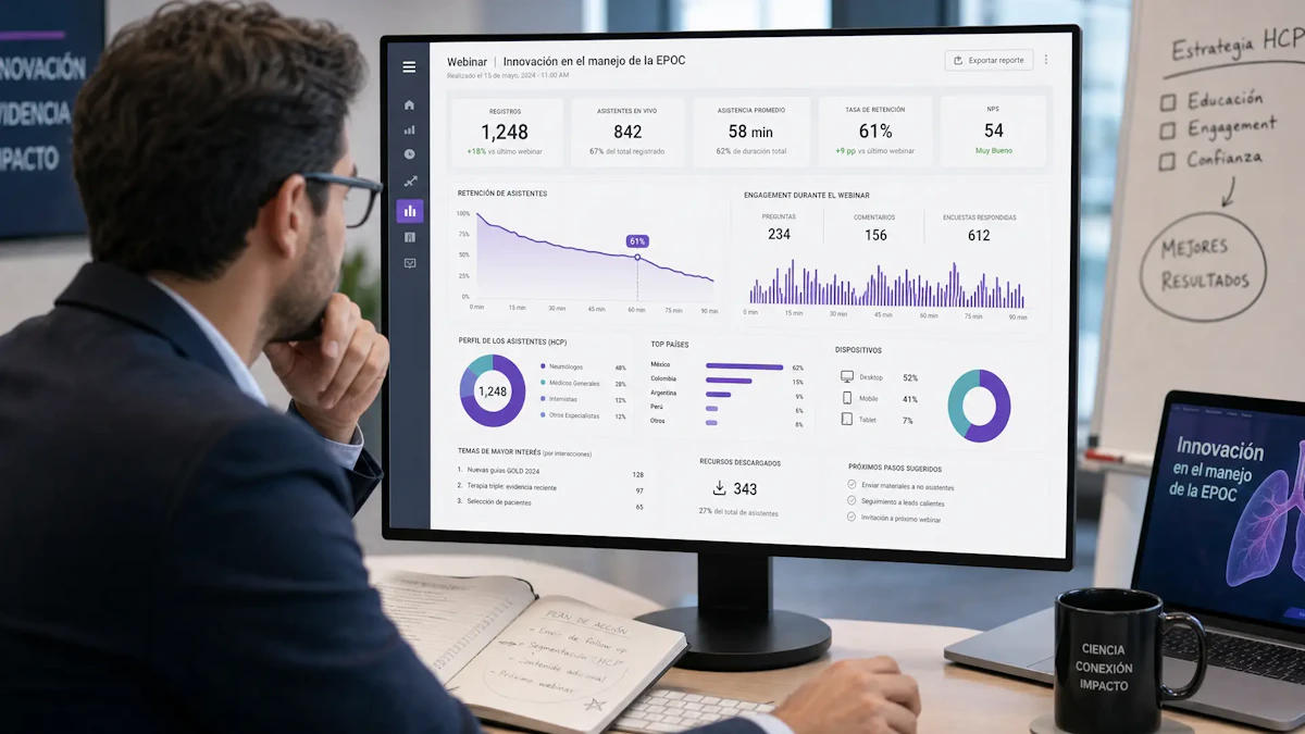 Dashboard de medición de ROI en webinars médicos