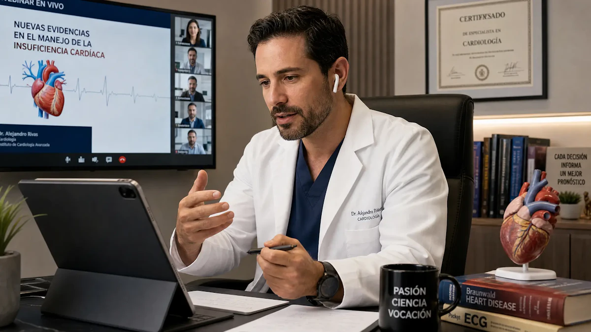 Médico siguiendo un webinar farmacéutico