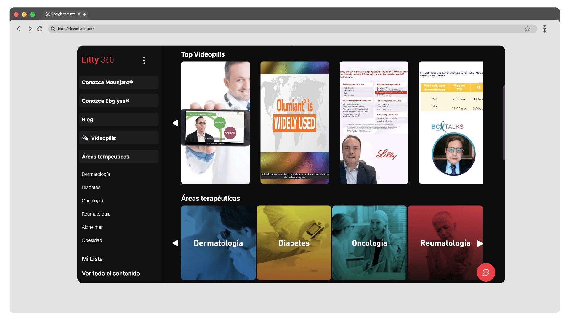 Screenshot de la interfaz plataforma educativa digital del cliente Lilly, plataforma Lilly 360