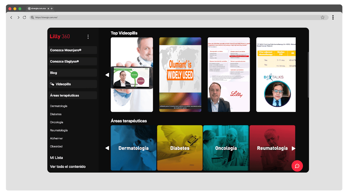Screenshot de la interfaz plataforma educativa digital del cliente Lilly, plataforma Lilly 360